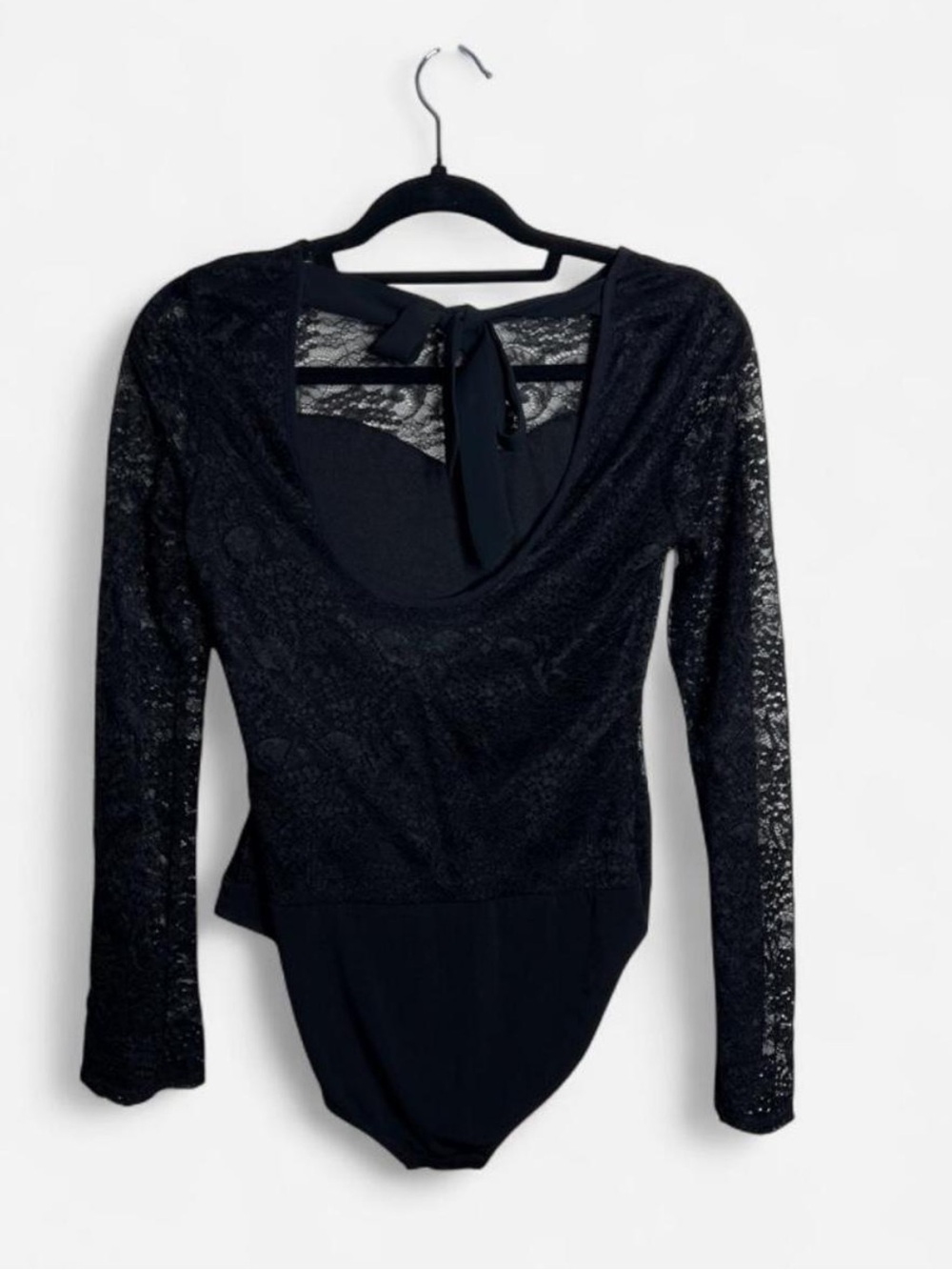 I.N. San Francisco Sexy Black Floral Lace Bodysuit with Back Tie Detailt